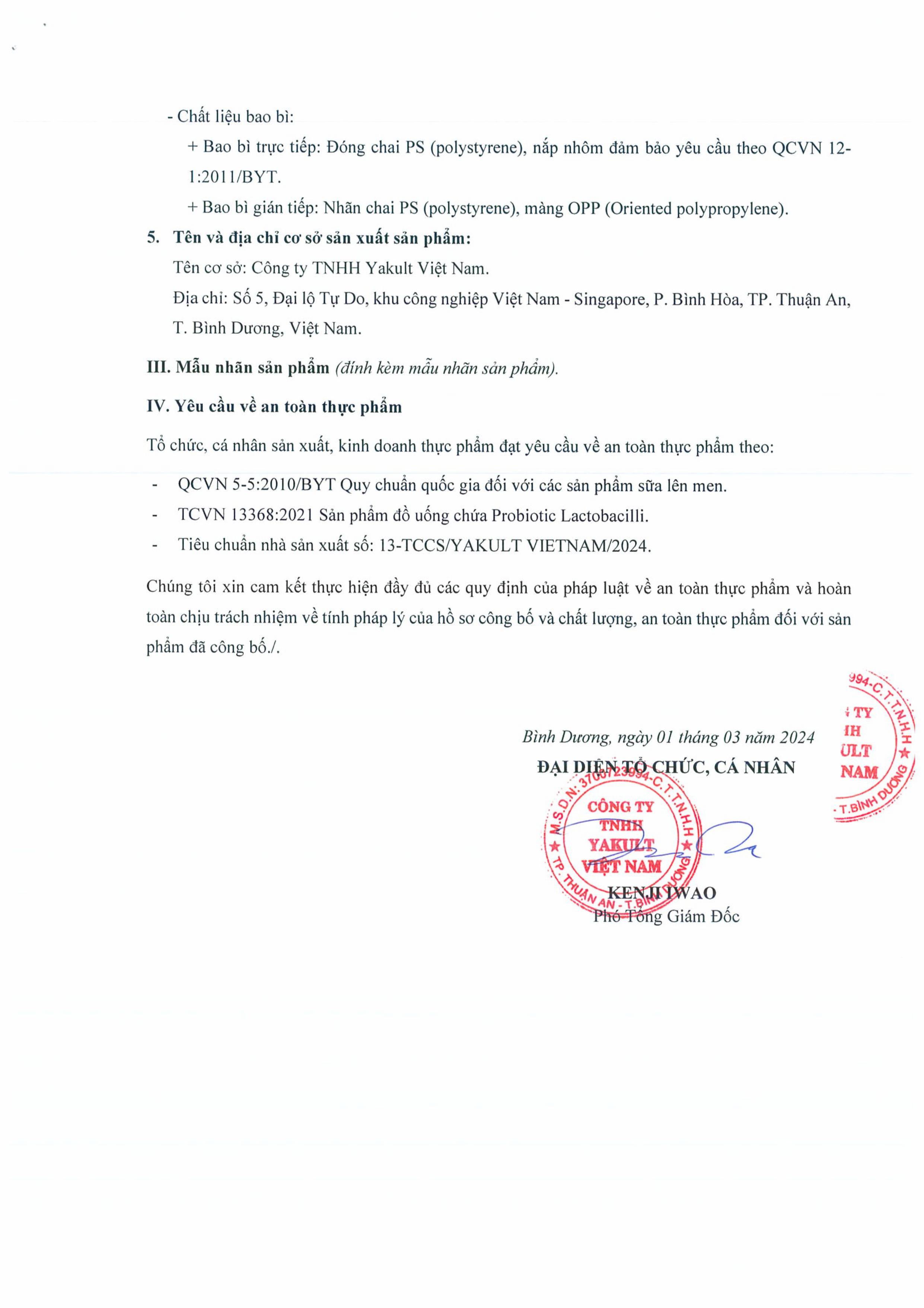 Bản tự công bố sản phẩm của Yakult - Thực Phẩm Chay Phương Thịnh - Công Ty TNHH Thực Phẩm và Dịch Vụ Ăn Uống Phương Thịnh